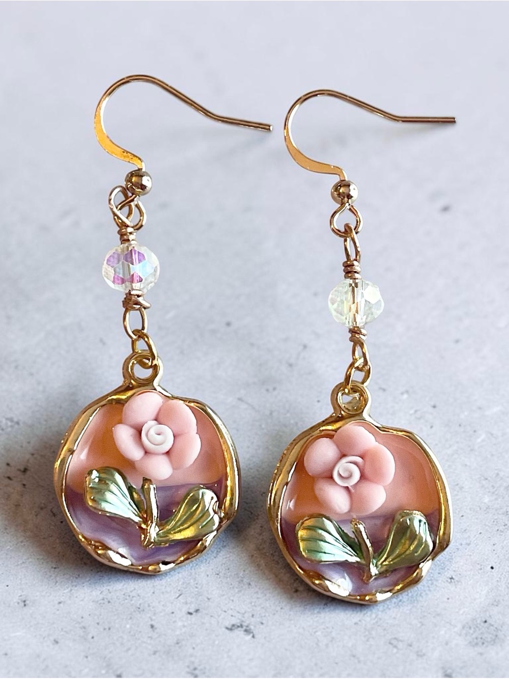 Gold Pink Flower Drop Earrings - Women's Jewelry